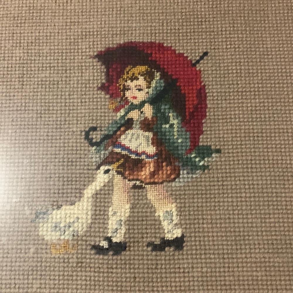 Vintage wooden frame , worm wood,  Petit Point Needlework, umbrella, girl, duck